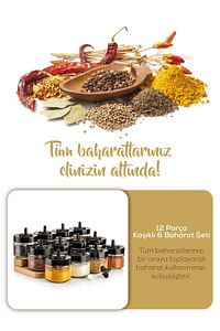 Siyah Serigrafi Etiketli 12 Adet Kapağı Kendinden Kaşıklı Baharatlık Seti Kısa ürün fotoğrafı