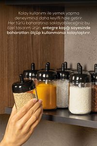 Kendinden Kaşıklı Serigrafi Etiketli 12'li Uzun Baharat Seti - Cam ürün fotoğrafı