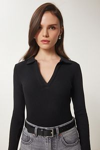 Kadın Siyah Polo Yaka Fitilli Örme Bluz GT00111 ürün fotoğrafı