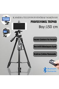 Profesyonel Kamera 150 Cm Çantalı Tripot Telefon Tutucu Bluetooth Kumandalı Vlog Video Çekim Tripodu ürün fotoğrafı