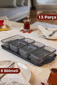 6 Bölmeli 13 Parça Tepsili Ve Vakum Kapaklı Füme Kahvaltı Seti / Saklama Kabı Seti ürün fotoğrafı