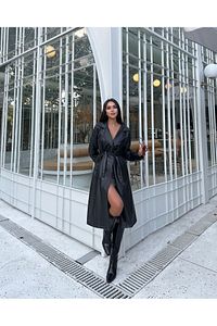 Kadın Siyah Kuşaklı Uzun Deri Pardesü ürün fotoğrafı