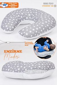 Çift Taraflı Bebek Emzirme Yastığı, Destek Minderi, Hamile Yastığı Gri Kumaş ürün fotoğrafı
