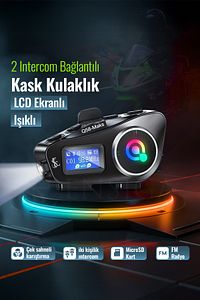 2 Intercom Bağlantılı Radyolu Lcd Ekranlı Işıklı Su Geçirmez Motorcu Kask Kulaklık Müzik Çalar ürün fotoğrafı