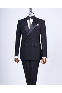 İtalyan Kesim Slim Fit Kruvaze Ceket Pantolon Damatlık Set Siyah T9213 ürün fotoğrafı