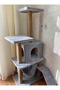 B-07 Hamaklı Yuvalı Lüx Kedi Tırmalama Evi Gri ürün fotoğrafı