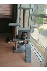B-07 Hamaklı Yuvalı Lüx Kedi Tırmalama Evi Gri ürün fotoğrafı