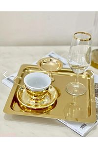 6 Adet Parlak Gold Altın Kare Paslanmaz Çelik Kahve Servis Sunum Tepsi (21X21CM) ürün fotoğrafı