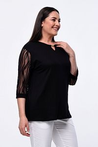 Büyük Beden Yeni Sezon Kolları Dantelli Abiye Model Kısa Kollu 4 Mevsim Tül Detaylı Anne Şık Bluz ürün fotoğrafı