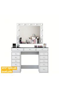 Rani Bj118 Hollywood Işıklı Aynalı Kulis Makyaj Masası Cam Tablalı Takı Düzenleyici Beyaz ürün fotoğrafı