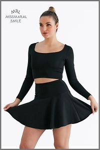 Siyah Yüksek Bel Volanlı Şortlu Spor Etek Deniz Şortu Skirt With Shorts 1101 ürün fotoğrafı