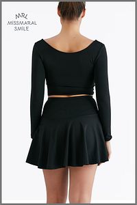 Siyah Yüksek Bel Volanlı Şortlu Spor Etek Deniz Şortu Skirt With Shorts 1101 ürün fotoğrafı