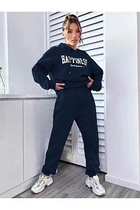 Happiness Eşofman Takımı Sweatshirt Jogger - Lacivert Baskılı Oversize Şardonlu Kapüşonlu ürün fotoğrafı