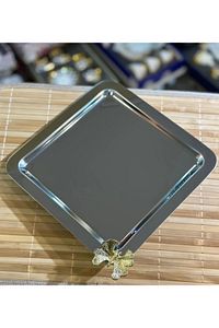 Lüx Sarı Kelebek Aksesuarlı Paslanmaz Çelik Kare 6’lı Gümüş Kahve, Çay, Dekoratif Sunum Servis Tepsi ürün fotoğrafı
