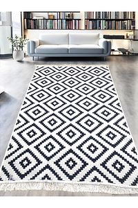 Kilim Çift Taraflı Modern Desenli Yıkanabilir Pamuklu Dokuma 1. Kalite Kilim Siyah Beyaz Yolluk ürün fotoğrafı