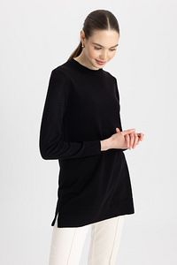 Regular Fit Bisiklet Yaka Yırtmaçlı Basic Düz Triko Kazak Tunik H3431az23wn ürün fotoğrafı