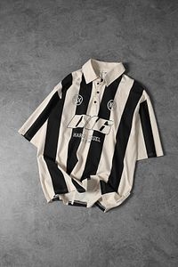 Erkek Bej-Siyah Çizgili Petro Polo Yaka Oversize Forma Tshirt ürün fotoğrafı