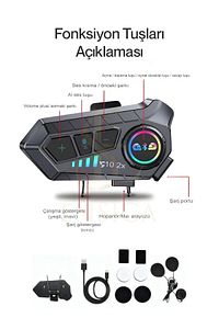 2 Intercom Bağlantılı Su Geçirmez Motosiklet Kask Bluetooth 5.3 300m Intercoom 2.000mah ürün fotoğrafı