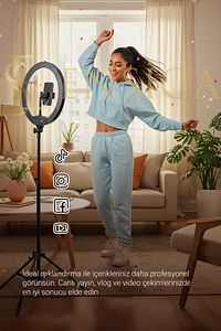 Kumandalı Youtuber Tiktok Çekim Işıklı Telefon Tutucu Makyaj Işığı Ring Light 10 Inç + 2.1 M Tripod ürün fotoğrafı