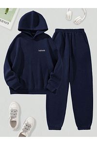 California Yazılı Eşofman Takımı Sweatshirt Jogger - Lacivert Baskılı Oversize Şardonlu Kapüşonlu ürün fotoğrafı