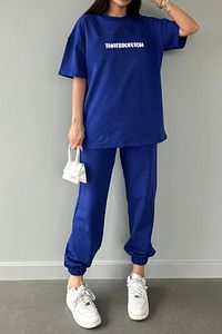 Thatssofetch T-shirt Eşofman Altı Jogger - Mavi Baskı Alt Üst Eşofman Takımı Oversize Bisiklet Yaka ürün fotoğrafı