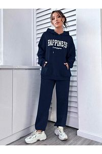 Happiness Eşofman Takımı Sweatshirt Jogger - Lacivert Baskılı Oversize Şardonlu Kapüşonlu ürün fotoğrafı