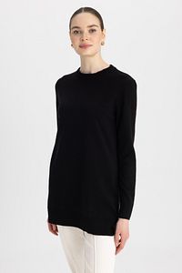 Regular Fit Bisiklet Yaka Yırtmaçlı Basic Düz Triko Kazak Tunik H3431az23wn ürün fotoğrafı