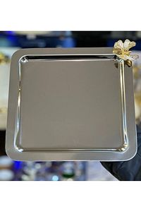 Lüx Sarı Kelebek Aksesuarlı Paslanmaz Çelik Kare 6’lı Gümüş Kahve, Çay, Dekoratif Sunum Servis Tepsi ürün fotoğrafı