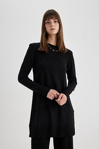 Regular Fit Bisiklet Yaka Yırtmaçlı Basic Düz Triko Kazak Tunik H3431az24au ürün fotoğrafı