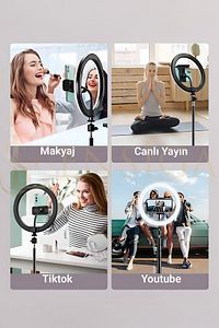Kumandalı Youtuber Tiktok Çekim Işıklı Telefon Tutucu Makyaj Işığı Ring Light 10 Inç + 2.1 M Tripod ürün fotoğrafı