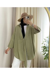 Haki Flam Keten Kimono Gömlek ürün fotoğrafı