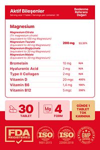 MAGNEZYUM X4 COMPLEX CİTRATE, TAURATE, BİSGLYCİNATE, MALATE + BROMELAİN + KOLAJEN+ H.ASİT+D+B12+B6 ürün fotoğrafı