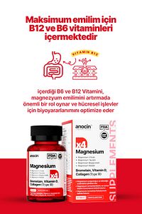 MAGNEZYUM X4 COMPLEX CİTRATE, TAURATE, BİSGLYCİNATE, MALATE + BROMELAİN + KOLAJEN+ H.ASİT+D+B12+B6 ürün fotoğrafı