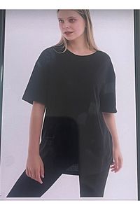 Unisex Siyah Spor Bisiklet Yaka Pamuk Oversize Boyfriend T-shirt ürün fotoğrafı