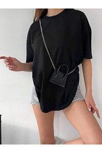 Unisex Siyah Spor Bisiklet Yaka Pamuk Oversize Boyfriend T-shirt ürün fotoğrafı
