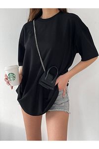 Unisex Siyah Spor Bisiklet Yaka Pamuk Oversize Boyfriend T-shirt ürün fotoğrafı