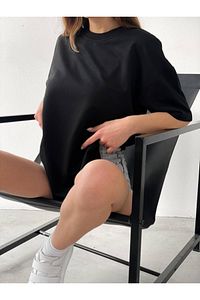 Unisex Siyah Spor Bisiklet Yaka Pamuk Oversize Boyfriend T-shirt ürün fotoğrafı