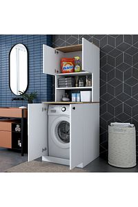 Rani Kd102 Çamaşır Makinesi Dolabı Kapaklı 3 Raflı Üst Dolaplı Banyo Dolabı Beyaz - Sepet Ceviz ürün fotoğrafı