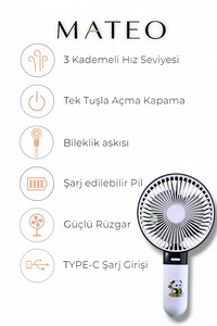 MATEO Panda Mini Fan Şarjlı Taşınabilir El Vantilatörü Sessiz 3 Kademe Type-C Renkli Panda Desenli ürün fotoğrafı
