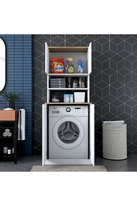 Rani Kd102 Çamaşır Makinesi Dolabı Kapaklı 3 Raflı Üst Dolaplı Banyo Dolabı Beyaz - Sepet Ceviz ürün fotoğrafı