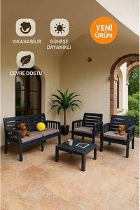Silva 2 1 1 S Minderli Bahçe, Balkon Teras Takımı - Bahçe Mobilyası 4 Kişilik Bahçe Takımı Antrasit ürün fotoğrafı