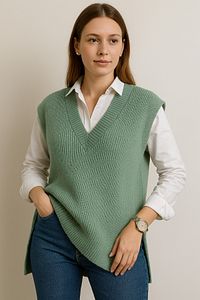 Kadın V Yaka Zümrüt Süveter Kolssuz Yırtmaclı Oversize Süveter ürün fotoğrafı