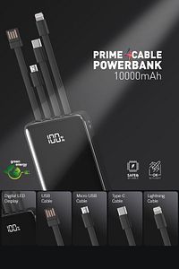 10.000 Mah Prime Dijital Göstergeli Dahili Çoklu Kablolu Powerbank,siyah,taşınabilir Şarj Cihazı ürün fotoğrafı
