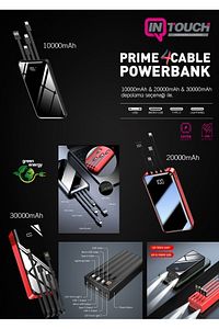 10.000 Mah Prime Dijital Göstergeli Dahili Çoklu Kablolu Powerbank,siyah,taşınabilir Şarj Cihazı ürün fotoğrafı