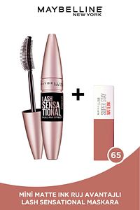 Lash Sensational Yelpaze Etkili Siyah Maskara &Mini Super Stay Matte Ink Likit Mat Ruj 65 Seductress ürün fotoğrafı