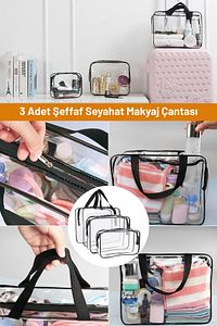 Kadın Erkek 3 Adet Şeffaf Seyahat Makyaj Çantası ürün fotoğrafı