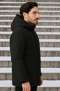 Erkek Siyah Polarlı Su Ve Rüzgar Geçirmez Kapüşonlu Kışlık Mont & Kaban & Parka ürün fotoğrafı