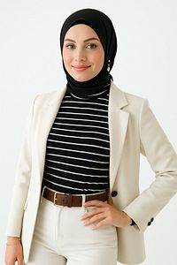 Siyah Beyaz Çizgili Uzun Kolluklu Boyunluk Crop Model Tesettür Penye Boyunluk ürün fotoğrafı