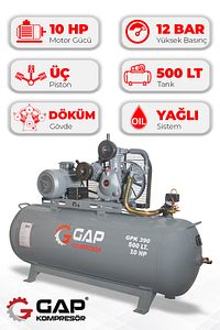 Hava Kompresörü Pistonlu 500 Lt 3 Kafa 12 Bar 10 Hp Gpk390 ürün fotoğrafı