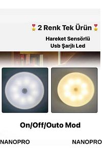 Hareket Sensörlü Usb Şarjlı Beyaz Sarı Çift Renk Led Işık Lamba (SENSÖRLÜ) ürün fotoğrafı
